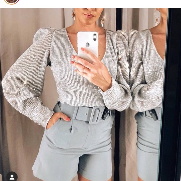 Zara silver sequin top with balloon sleeves - Picture 6 of 7